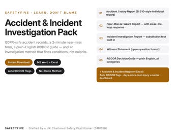 Accident Report Form Bundle | Incident Investigation Template + Near Miss + RIDDOR Guide + Excel Register UK | Health and Safety | Word