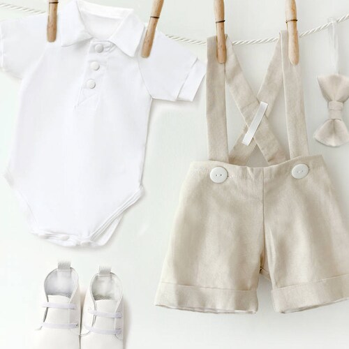 Boy Baptism Outfit White Linen Suspender Shorts Baby Etsy