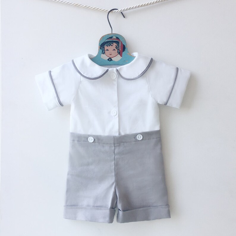 Gray Linen Baby Boy Romper Boys Peter Pan Collar Sunsuit Boy Etsy