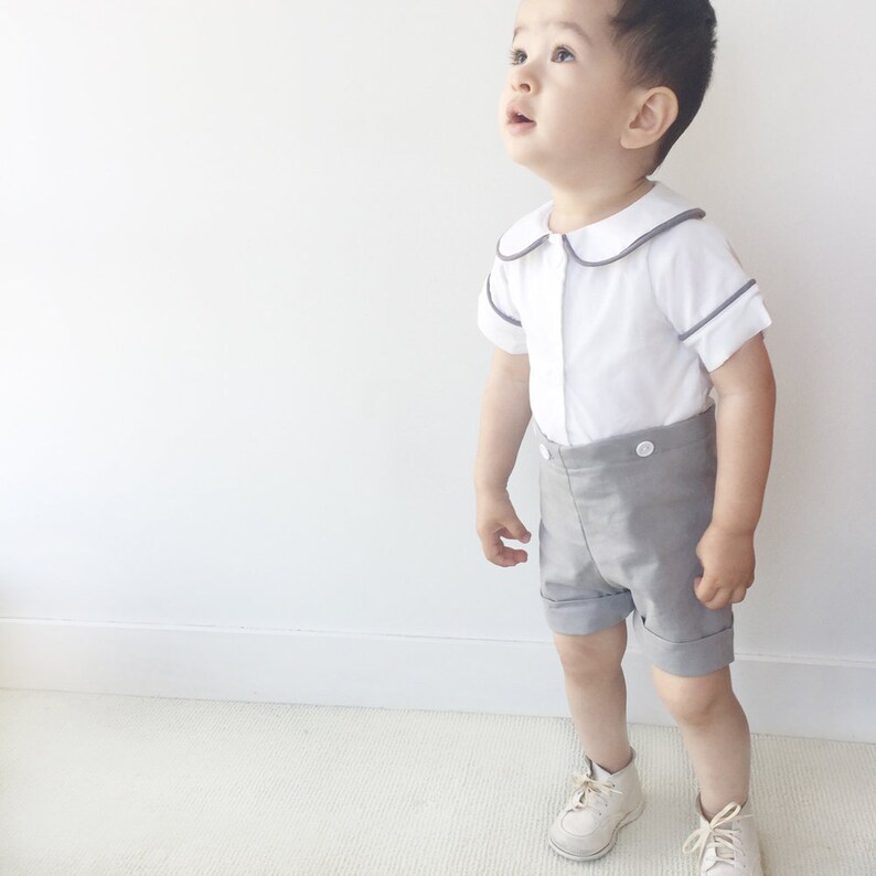 Gray Linen Baby Boy Romper Boys Peter Pan Collar Sunsuit Boy Etsy