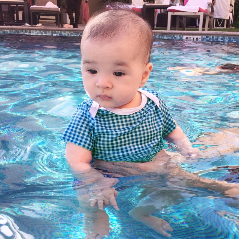 Vintage Style Blue And White Gingham Baby Swimsuit Retro Baby Boy 