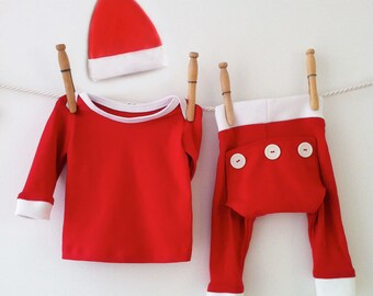 Handmade Baby Pajamas • Baby Santa Hat Outfit • Baby Xmas Gift • Christmas Long Johns • Kids Christmas PJs • 1st Christmas Set • Butt Flap
