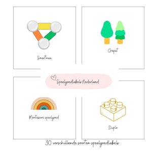 Puede incluir: Un conjunto de 30 etiquetas de juguetes coloridas con ilustraciones de marcas de juguetes populares, como Smartmax, Grapat, Montessori y Duplo. Las etiquetas están diseñadas para usarse en una sala de juegos o un aula.