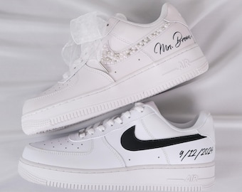 Wedding Sneakers For Couples • Bride And Groom Pearl Wedding Sneakers • Groom Shoes • Air Force 1 AF1 White Wedding Bling Sneakers • NK_50