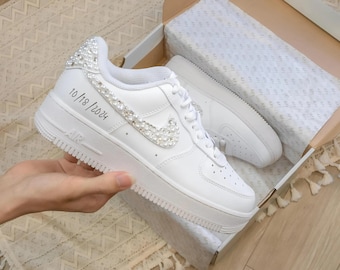 Wedding Personalized Sneakers • Prom • Graduation Pearl Crystal Bridal Shoes • Air Force 1 AF1 White Wedding Bling Sneakers • NK_04