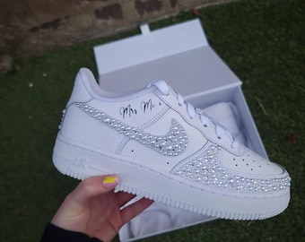 Wedding Personalized Sneakers • Valentine • Graduation Pearl Crystal Bridal Shoes • Air Force 1 AF1 White Wedding Bling Sneakers • NK_22