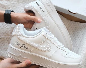 Wedding Personalized Sneakers • Prom • Graduation Pearl Crystal Bridal Shoes • Air Force 1 AF1 White Wedding Bling Sneakers • NK_01