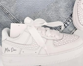 Wedding Personalized Sneakers For The Bride • Air Force 1 Unique Wedding Gift • White Wedding Pearl Sneakers • NK_07