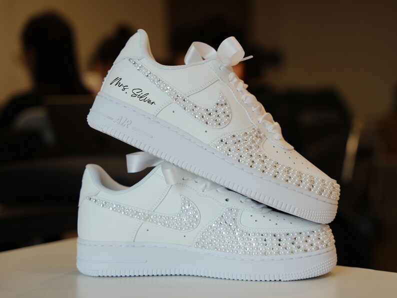 Wedding Personalized Sneakers • Valentine • Graduation Pearl Crystal Bridal Shoes • Air Force 1 AF1 White Wedding Bling Sneakers • NK_22