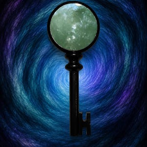 May include: A black key with a circular top and a detailed handle. The circular top has a green and white design. The key is set against a swirling blue and purple background.