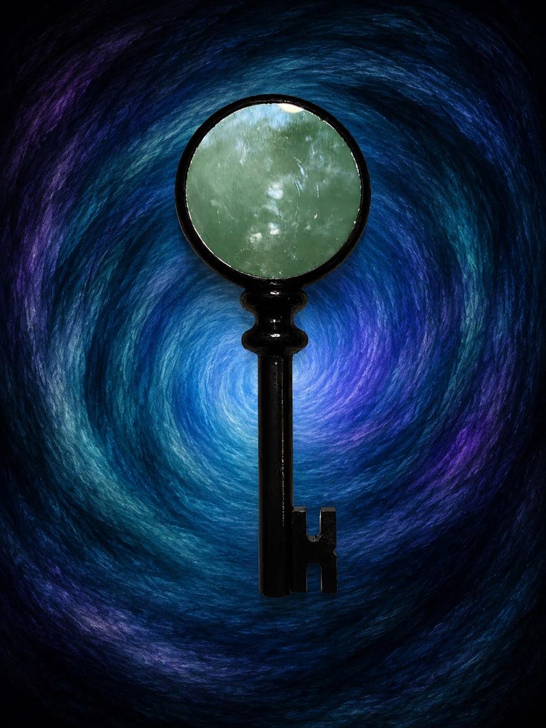 May include: A black key with a circular top and a detailed handle. The circular top has a green and white design. The key is set against a swirling blue and purple background.