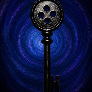 May include: A black key with a circular head featuring four holes. The key is set against a swirling blue and purple background. The key's design is ornate and detailed, with a classic aesthetic.