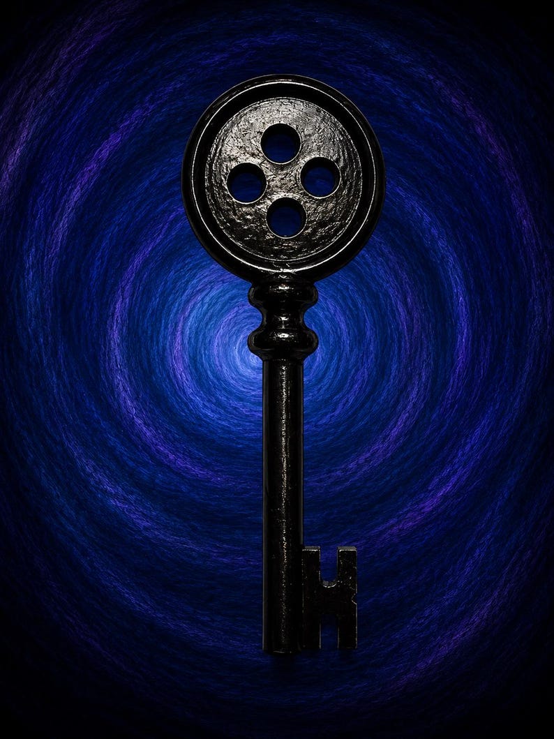 May include: A black key with a circular head featuring four holes. The key is set against a swirling blue and purple background. The key's design is ornate and detailed, with a classic aesthetic.
