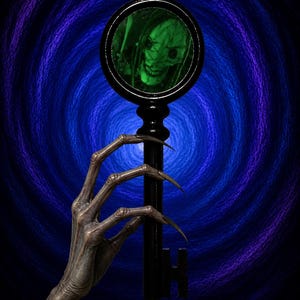 May include: A black key with a circular mirror reflecting a green-tinted, distorted face. A skeletal hand with long, sharp claws holds the key against a swirling blue and purple background. The image evokes a horror or fantasy theme.