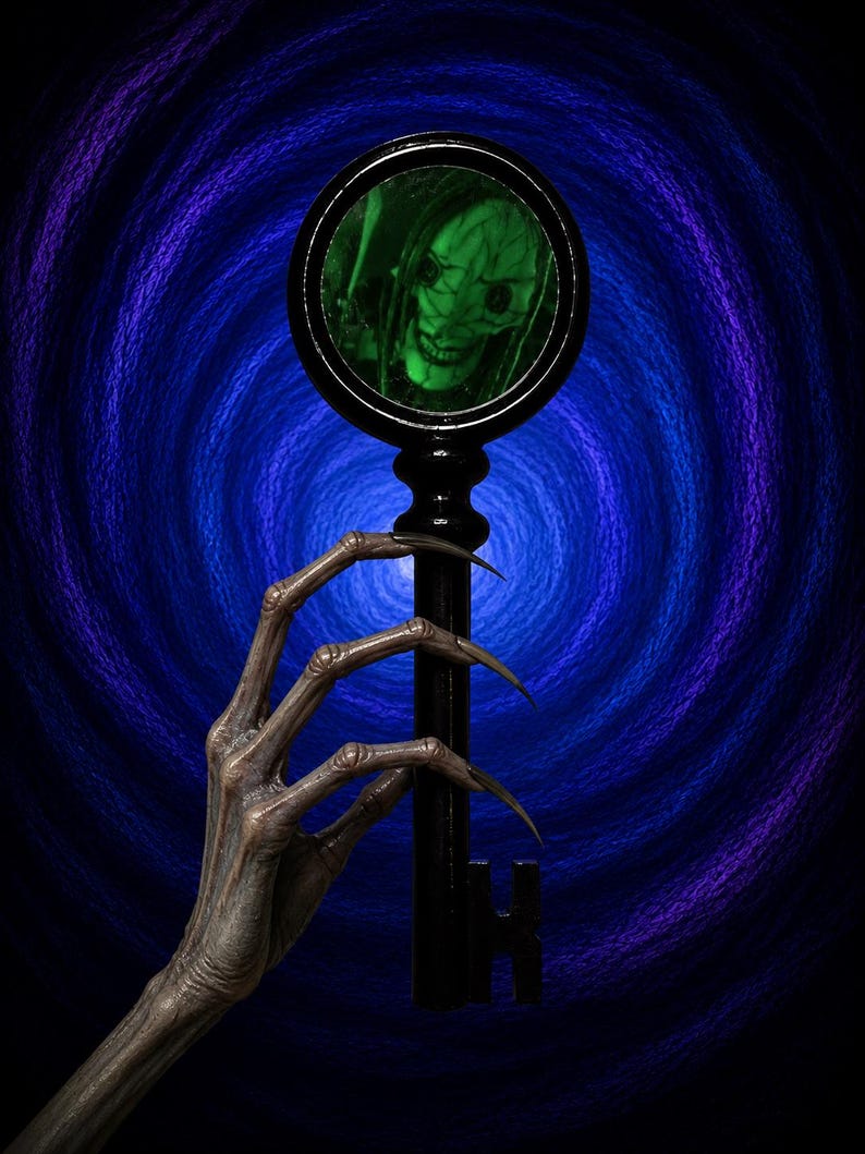 May include: A black key with a circular mirror reflecting a green-tinted, distorted face. A skeletal hand with long, sharp claws holds the key against a swirling blue and purple background. The image evokes a horror or fantasy theme.