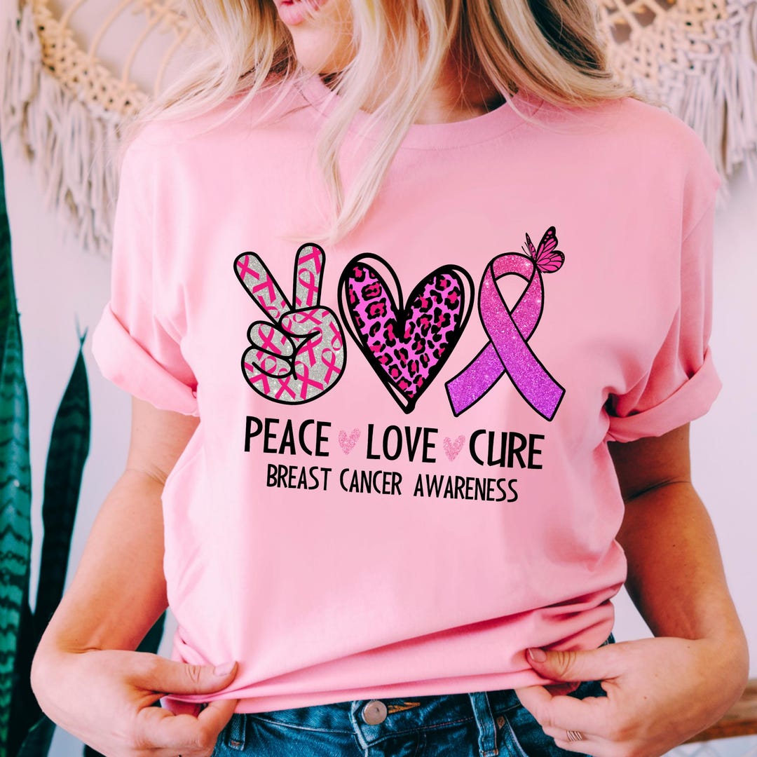 Breast Cancer Awareness T-shirt, Peace Love Cure, Pink Ribbon Shirt - Etsy