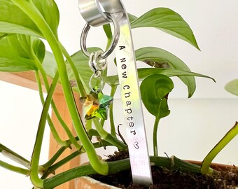 May include: A silver plant marker with the text "A New Chapter" engraved on it. A green iridescent star charm hangs from the marker.