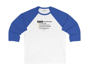 Koszulka baseballowa unisex z 3/4 rękawami, wykonana na zamówienie, z ręcznie wykonanym wzorem, z wiedzą ratownika medycznego