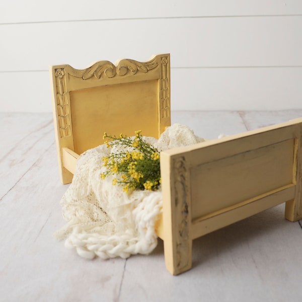 Newborn Baby Bed Photography Prop or Doll Bed, Infant Girl Photography Props, Baby Girl Bed, 18 Inch doll Bed, Yellow Cream Carved Bed