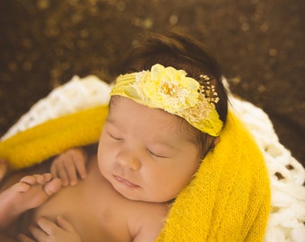 Newborn Floral Headband, Baby Girl Photography Props, Tie Back Yellow Flower Newborn Headband Photo Prop, Newborn Baby Photo Props