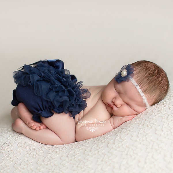 Indigo Blue Chiffon Baby Girl Diaper Cover Newborn Photography Props with Matching Headband - Newborn Photo Props, Bloomers, Baby Props