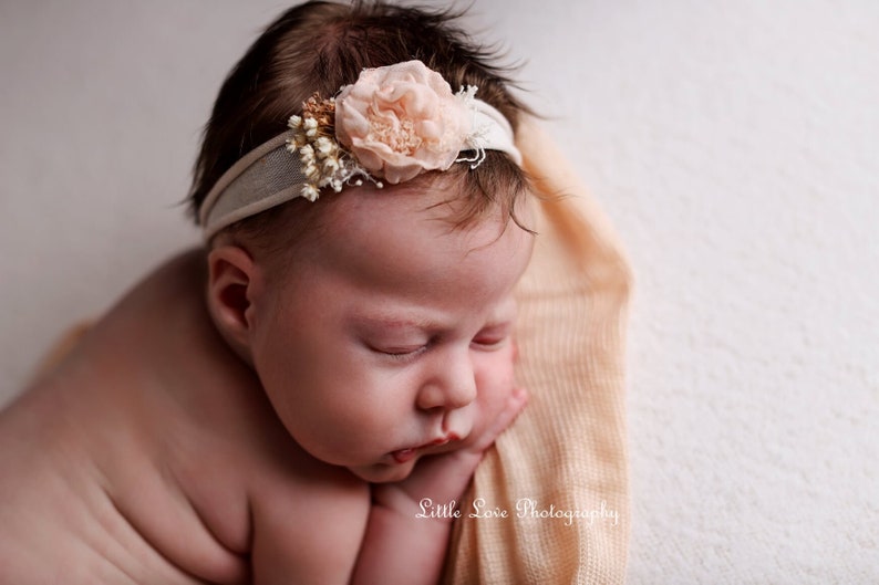 Girl Props Handmade Flower Petals Newborn Baby Headband Photography Prop Hair Accessory Adjustable First Birthday Christening Baptism Peach