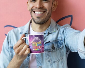 Too Gay for This World Mug - Cosmic LGBTQ+ Pride Spaceship Design