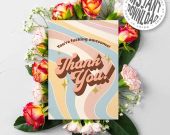 Thank You Retro Card with Envelope - Digital Download, Vintage Style Greeting Card, Instant Printable Art
