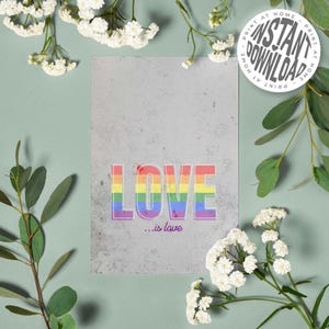 Tarjeta Love Is Love con sobre - Descarga digital - Tarjeta de felicitación del orgullo LGBTQ+ - Perfecta para celebraciones y afirmaciones
