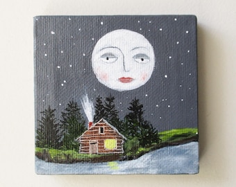 full moon cabin at the lake / original painting on canvas