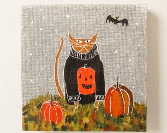 Kürbisbeet mit orangefarbener Katze / Originalgemälde auf Leinwand