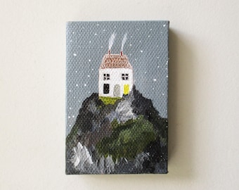 we built our house on a mountain / original small painting on canvas