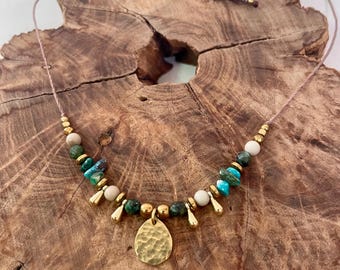 Azura Necklace: Bohemian Garn Necklace with Turquoise Jasper Gemstones, Hammered Brass Drop Charms - Unisex Natural Jewelry, Perfect Gift