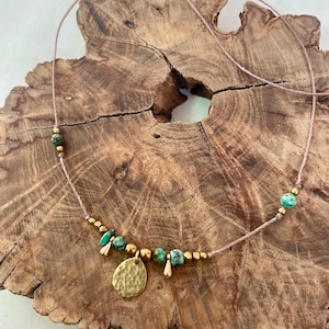 Azura Necklace: Bohemian Garn Necklace with Turquoise Jasper Gemstones & Hammered Brass Drop Charms - Unisex Natural Jewelry, Perfect Gift