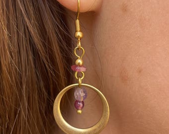 Brincos Flora: Latão Boho e Turmalina, contas de pedra natural - Elegância Natural, Joias Boho Feitas à Mão, Presente Perfeito, Aço Inoxidável
