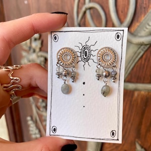 Pode incluir: Brincos prateados com um design circular de sol e contas cinzentas penduradas. Os brincos s&atilde;o exibidos em um cart&atilde;o branco com uma ilustra&ccedil;&atilde;o de sol e pontos pretos.