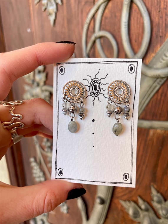 Mandala Ohrringe – Edelstahl mit Labradorit & Hämatit, Elegant, Spirituell, Boho Schmuck, Geschenk für Sie