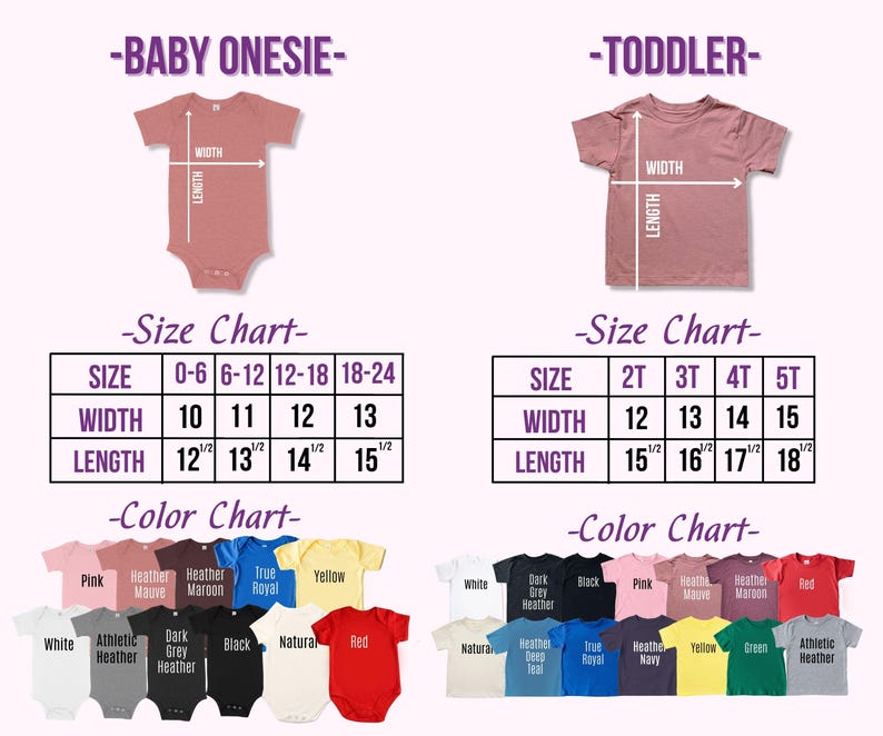 Op de afbeelding: Maattabel voor baby-rompers en peuter T-shirts. De tabel toont de breedte- en lengtematen in inches voor verschillende maten. De kleurenkaart toont een verscheidenheid aan kleuren die beschikbaar zijn voor de rompers en T-shirts, waaronder roze, heather mauve, heather maroon, true royal, geel, wit, athletic heather, dark grey heather, zwart, naturel, rood, heather deep teal, heather navy, groen en athletic heather.
