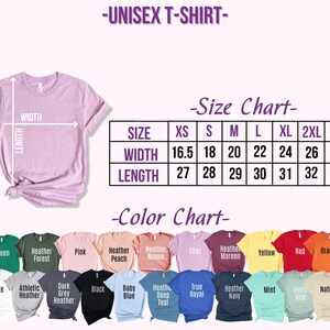 Op de afbeelding: Unisex t-shirt maattabel met metingen in inches voor breedte en lengte. Kleurenkaart met 18 verschillende kleuropties voor het t-shirt.