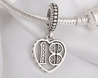 18th Birthday Charm, 18th Bday Silver Pendant Bracelet Charm, S925 18th Birthday Charm, Fits Pandora Bracelets