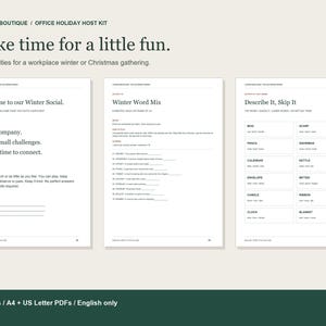 Op de afbeelding: Een digitaal document getiteld Office Holiday Host Kit met drie pagina's aan printbare activiteiten. De pagina's bevatten een welkomstblad, een Winter Word Mix-spel en een Describe It, Skip It-activiteit met woordenlijsten en instructies in zwarte tekst op wit papier.
