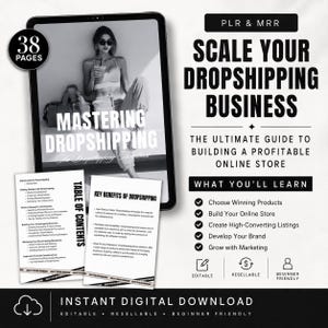 May include: A 38-page digital guide titled Mastering Dropshipping, featuring a tablet display, table of contents, and key benefits list. The text includes Scale Your Dropshipping Business, The Ultimate Guide to Building a Profitable Online Store, and What You'll Learn, with icons for editable, resellable, and beginner-friendly features.