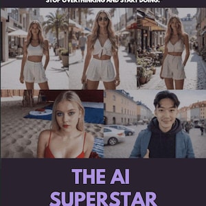 Puede incluir: Imagen promocional de un curso para influencers. Presenta un collage de fotos de personas en varios lugares. El texto en la parte superior dice: "La gente está tan ocupada debatiendo la 'autenticidad' de los influencers de IA". Se muestra el título "THE AI SUPERSTAR".