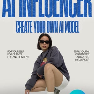 May include: Image promoting AI influencer creation. Text reads "AI INFLUENCER CREATE YOUR OWN AI MODEL" with additional text: "FOR YOURSELF, FOR CLIENTS, FOR ANY CONTENT, TURN YOUR AI CHARACTER INTO A 24/7 INFLUENCER". A person is wearing a gray sweatshirt and white shorts.