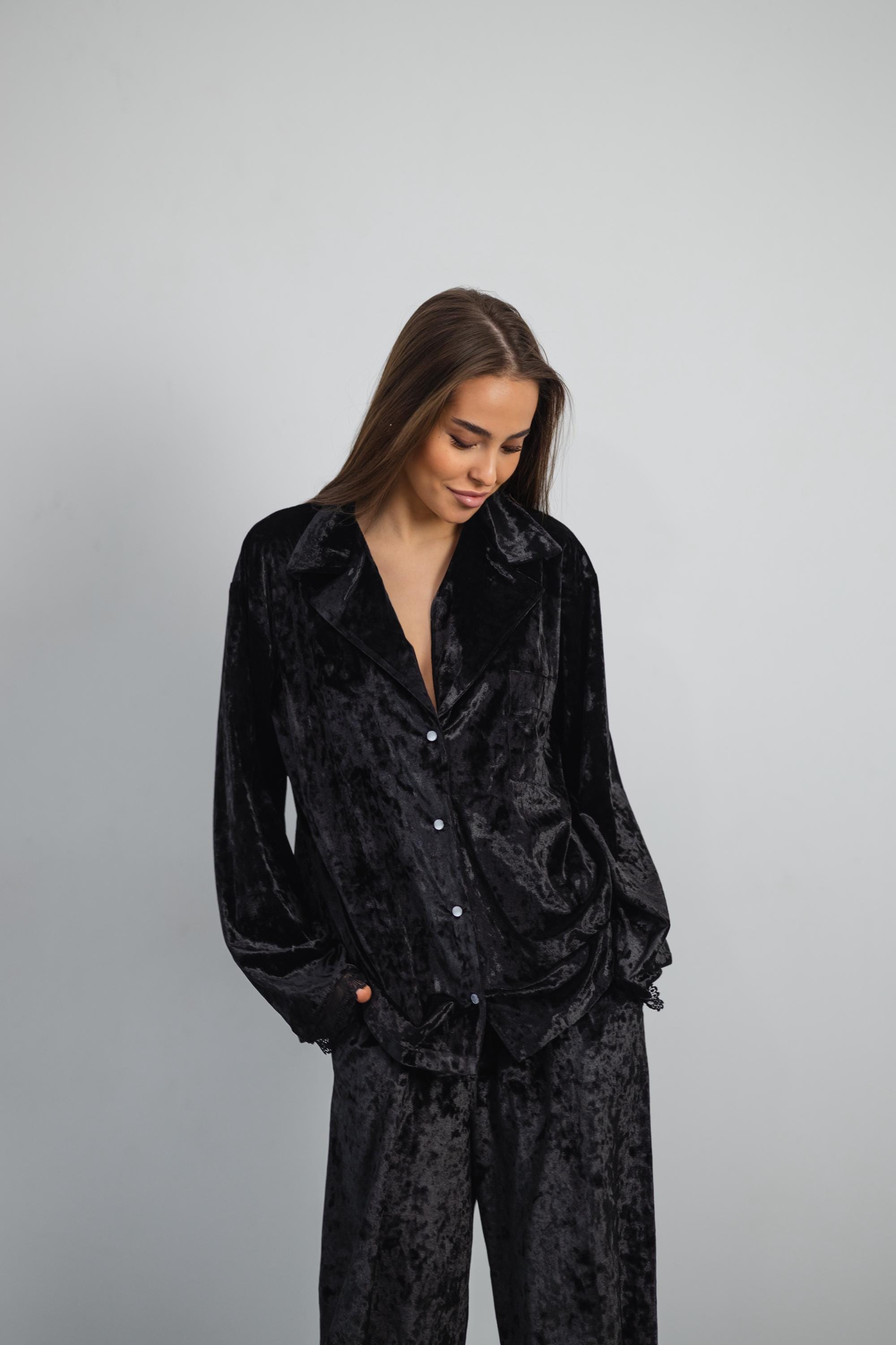 Black Velvet Loungewear Set: Women's Relaxed Fit Pajama