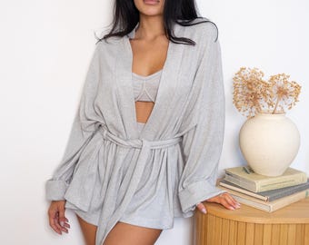 Womens Knitted Pajama Set – Crop Top, Cardigan, Booty Shorts Lounge Sleepwear
