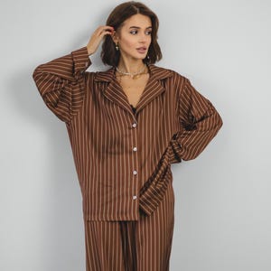 Women&#39;s Striped Satin Pajama Set – Loose Fit, Button-Up Shirt & Pants, Elegant Loungewear, Soft Sleepwear Gift for Her