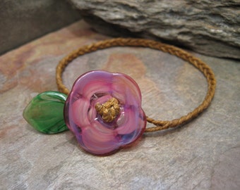 Braided Linen with Glass Flower and Leaf Bracelet SRA Artisan Beth Mellor Beeboo