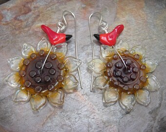 Glass Sunflower with Red Bird (Earrings) by Beth Mellor Beeboo