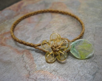 Braided Linen with Glass Flower and Leaf Bracelet SRA Artisan Beth Mellor Beeboo